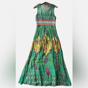 HEMANT & NANDITA Vibrant Green and Yellow Silk Maxi Dress